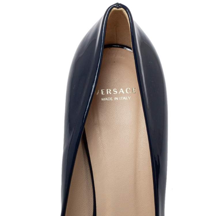 Pre Owned Versace Blue Patent Leather Peep Toe Platform Pumps Size 37