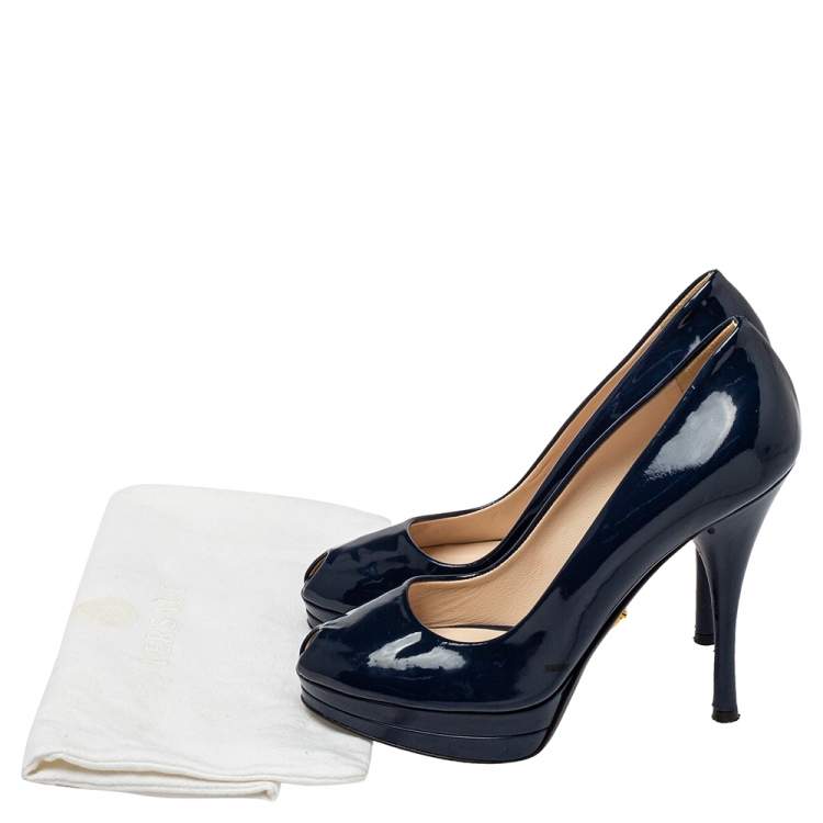 Pre Owned Versace Blue Patent Leather Peep Toe Platform Pumps Size 37