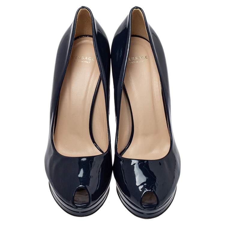 Pre Owned Versace Blue Patent Leather Peep Toe Platform Pumps Size 37