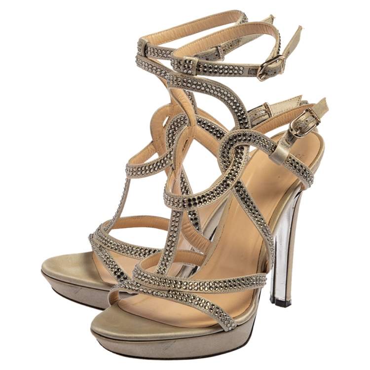 Pre Owned Versace Grey Satin Crystal Embellished  Ankle Strap Sandals Size 37