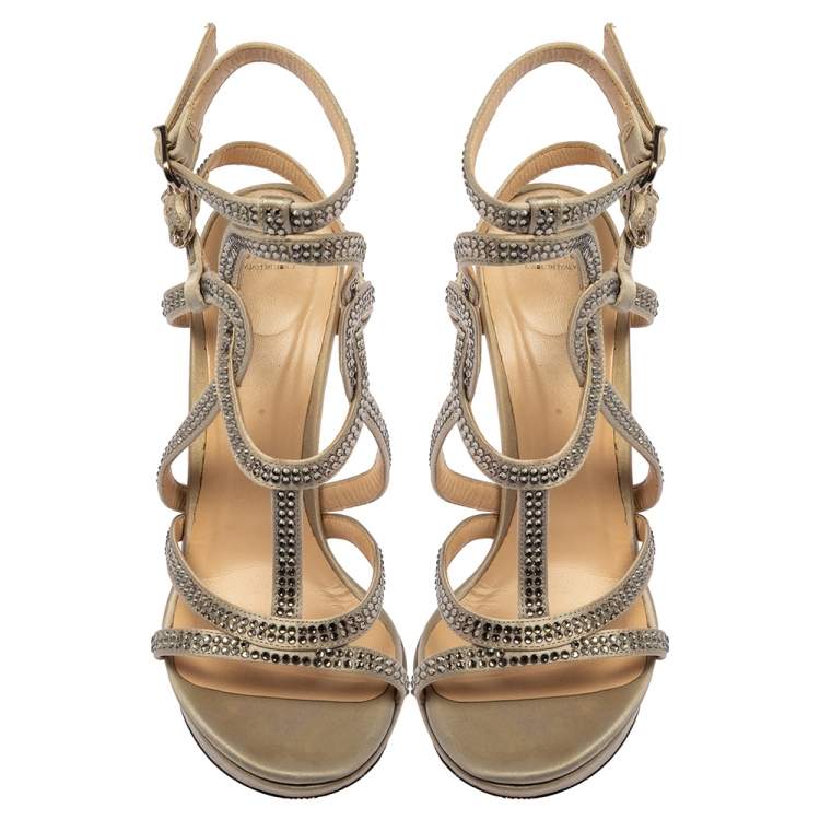 Pre Owned Versace Grey Satin Crystal Embellished  Ankle Strap Sandals Size 37