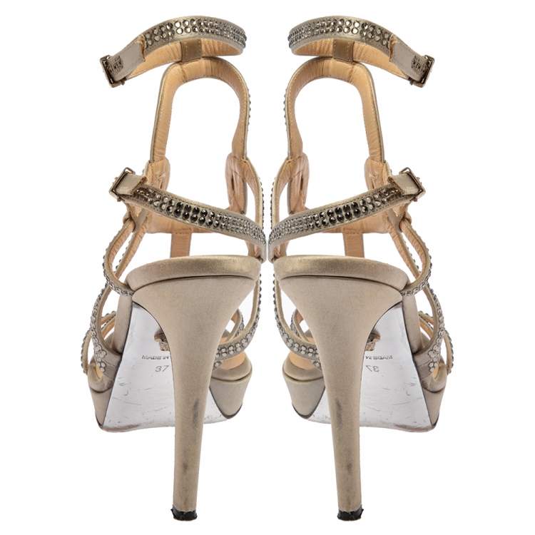 Pre Owned Versace Grey Satin Crystal Embellished  Ankle Strap Sandals Size 37