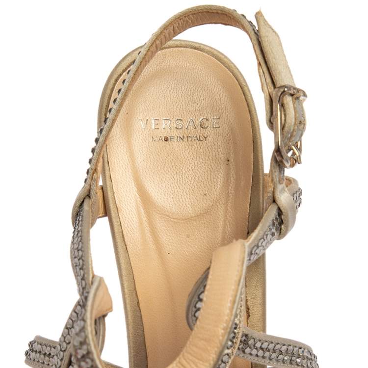 Pre Owned Versace Grey Satin Crystal Embellished  Ankle Strap Sandals Size 37