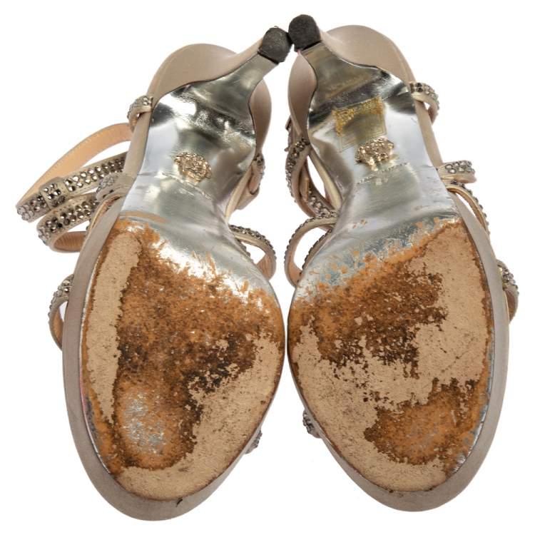 Pre Owned Versace Grey Satin Crystal Embellished  Ankle Strap Sandals Size 37