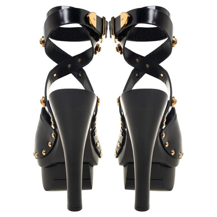 Pre Owned Versace Black Leather Medusa Embellished Ankle Wrap Platform Sandals Size 37