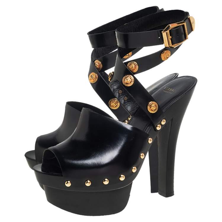 Pre Owned Versace Black Leather Medusa Embellished Ankle Wrap Platform Sandals Size 37