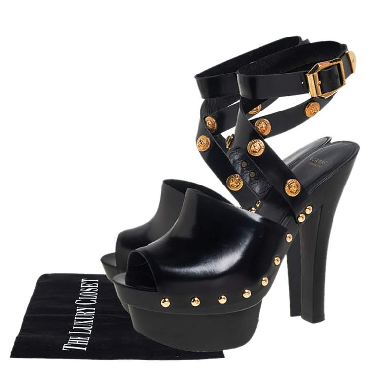 Pre Owned Versace Black Leather Medusa Embellished Ankle Wrap Platform Sandals Size 37