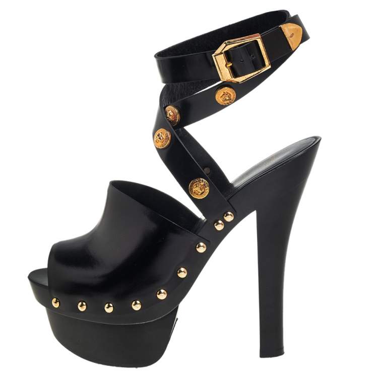 Pre Owned Versace Black Leather Medusa Embellished Ankle Wrap Platform Sandals Size 37