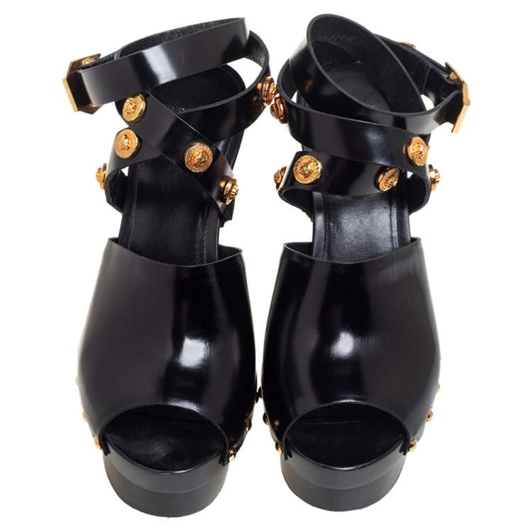 Pre Owned Versace Black Leather Medusa Embellished Ankle Wrap Platform Sandals Size 37