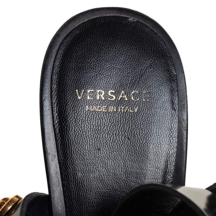 Pre Owned Versace Black Leather Medusa Embellished Ankle Wrap Platform Sandals Size 37