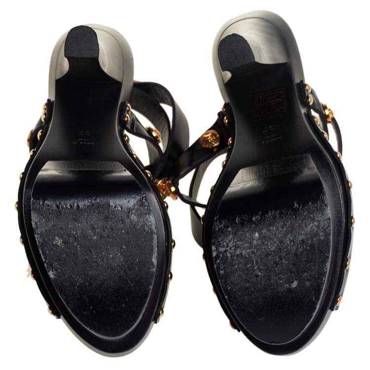 Pre Owned Versace Black Leather Medusa Embellished Ankle Wrap Platform Sandals Size 37