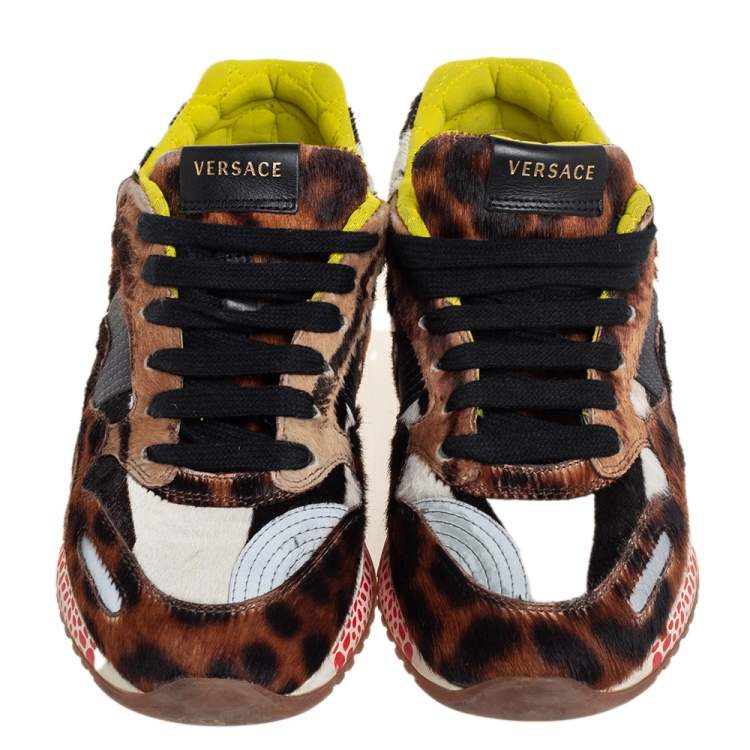 Pre Owned Versace Multicolor Animal Print Fur And Leather Sneakers Size 36