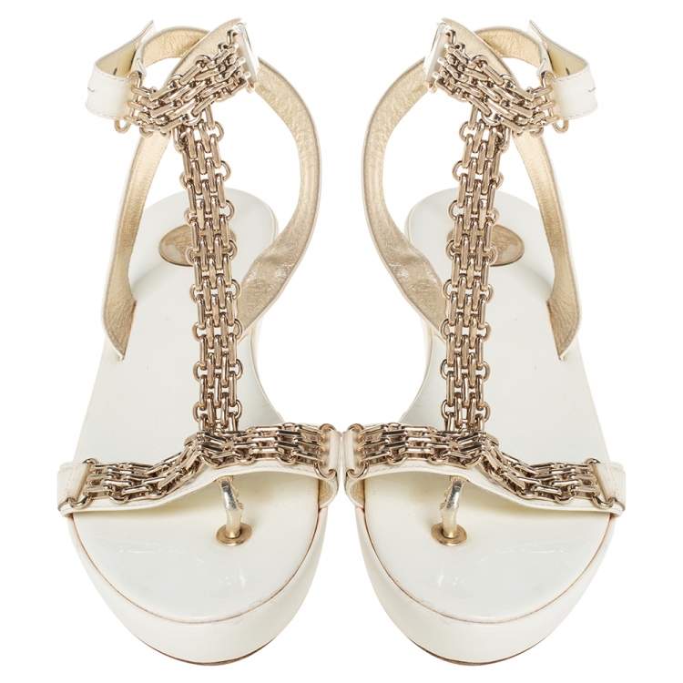 Pre Owned Versace White Patent Leather Chain Ankle Strap Sandals Size 39.5
