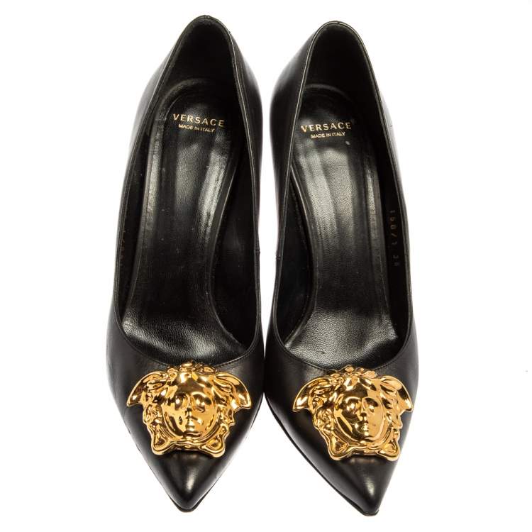Pre Owned Versace Black Leather Medusa Embellished Pointed Toe Pumps Size 36