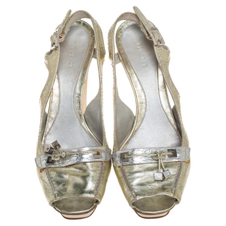 Pre Owned Versace Gold Leather Slingback Sandals Size 37
