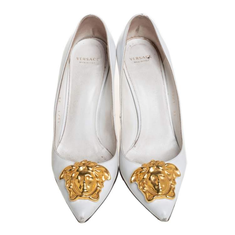 Pre Owned Versace White Leather Palazzo Pointed Toe Pumps Size 36