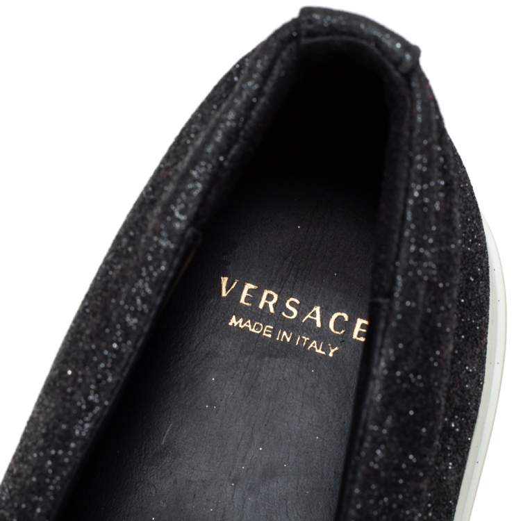 Pre Owned Versace Black Glitter Medusa Slip On Sneakers Size 38