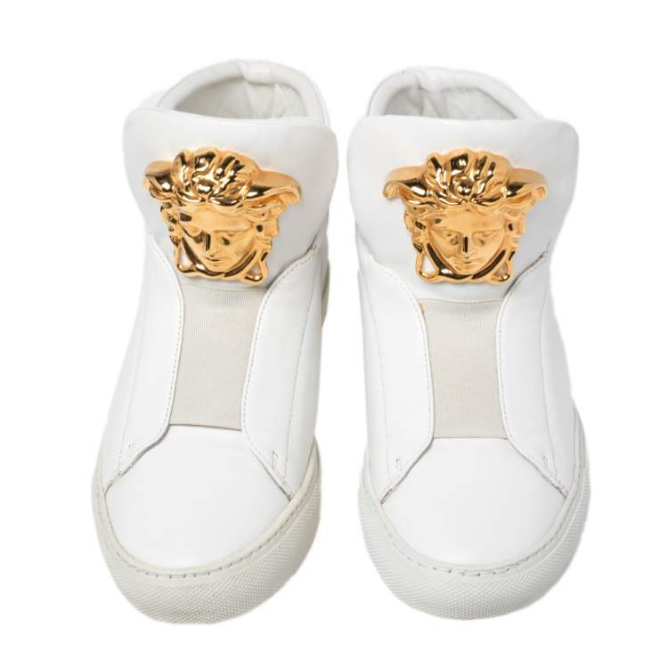 Pre Owned Versace White Leather Medusa Slip On High Top Sneakers Size 36
