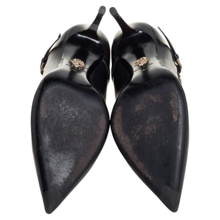 Pre Owned Versace Black Leather Medusa Embellished Mary Jane Pumps Size 37