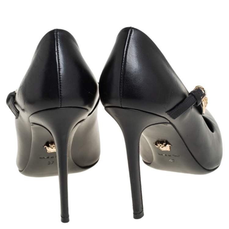 Pre Owned Versace Black Leather Medusa Embellished Mary Jane Pumps Size 37
