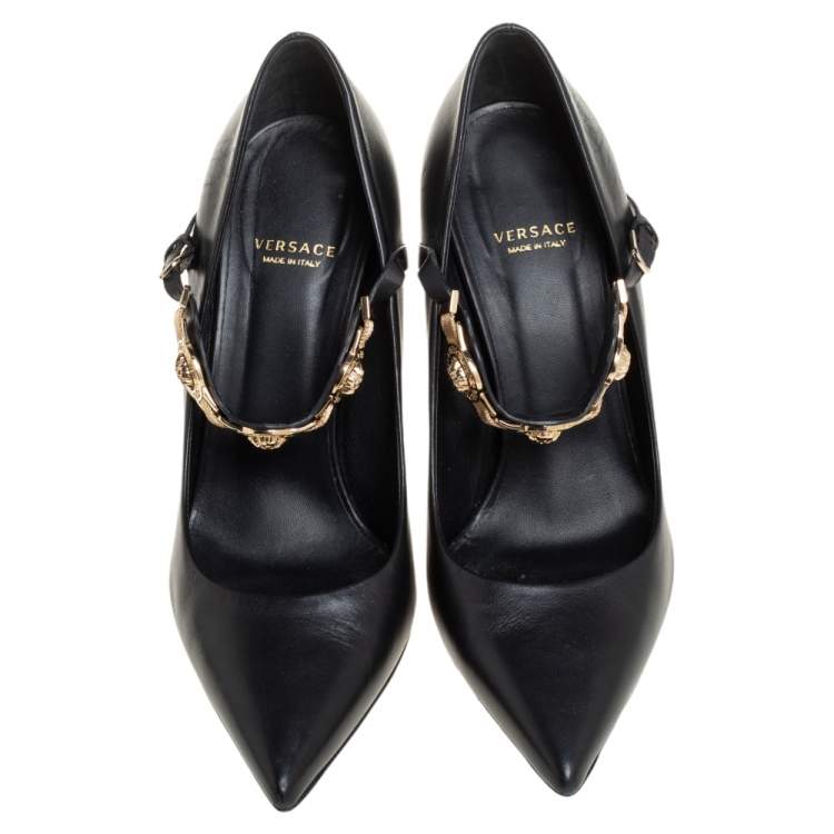 Pre Owned Versace Black Leather Medusa Embellished Mary Jane Pumps Size 37