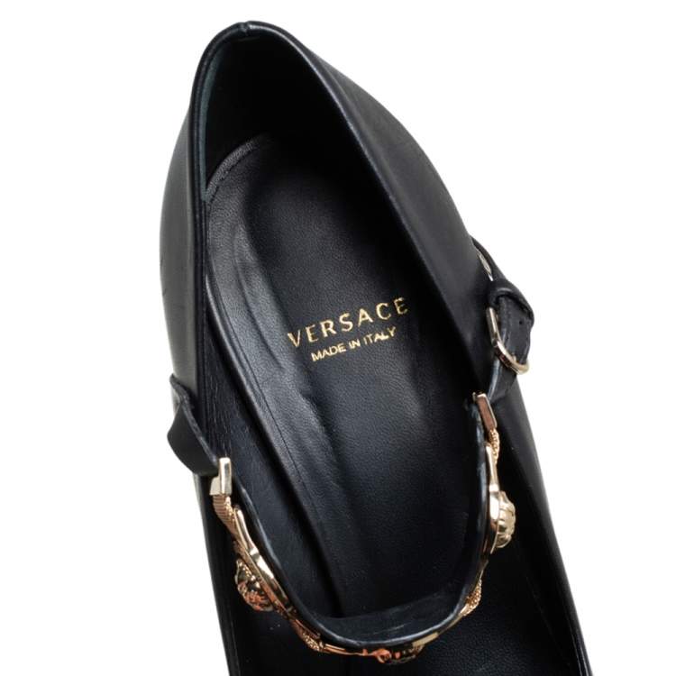 Pre Owned Versace Black Leather Medusa Embellished Mary Jane Pumps Size 37