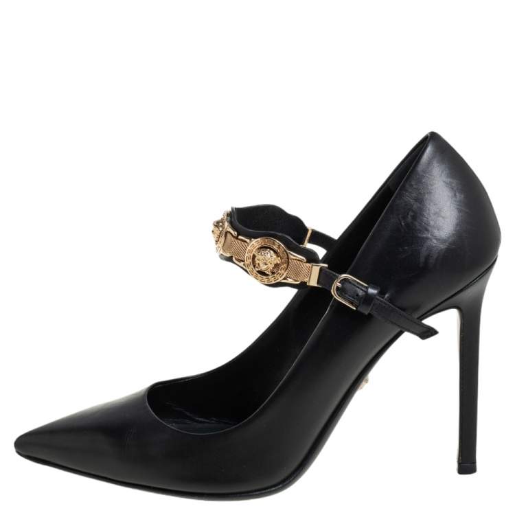 Pre Owned Versace Black Leather Medusa Embellished Mary Jane Pumps Size 37