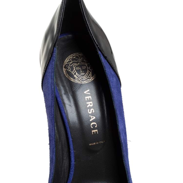 Pre Owned Versace Blue Suede And Black Patent Leather Pointed Toe Pumps Size 38