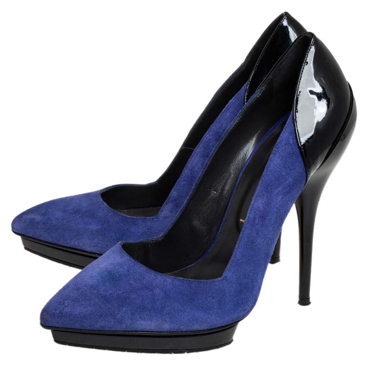 Pre Owned Versace Blue Suede And Black Patent Leather Pointed Toe Pumps Size 38
