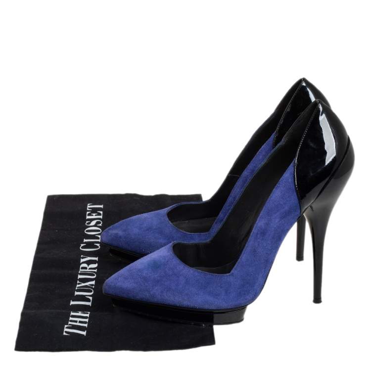 Pre Owned Versace Blue Suede And Black Patent Leather Pointed Toe Pumps Size 38