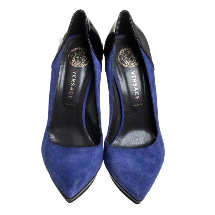 Pre Owned Versace Blue Suede And Black Patent Leather Pointed Toe Pumps Size 38