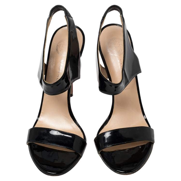 Pre Owned Versace Black/Red Patent Leather And Leather Slingback Sandals Size 39