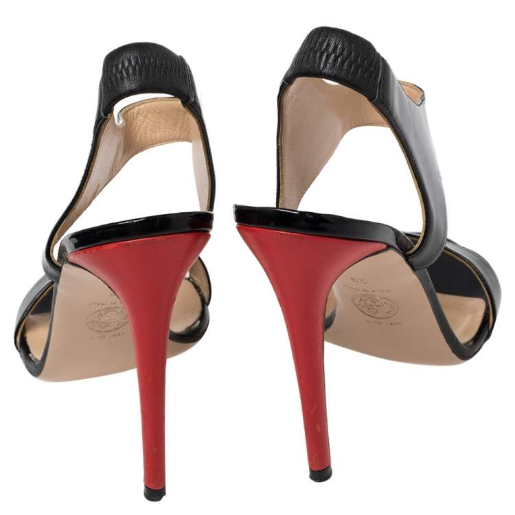 Pre Owned Versace Black/Red Patent Leather And Leather Slingback Sandals Size 39