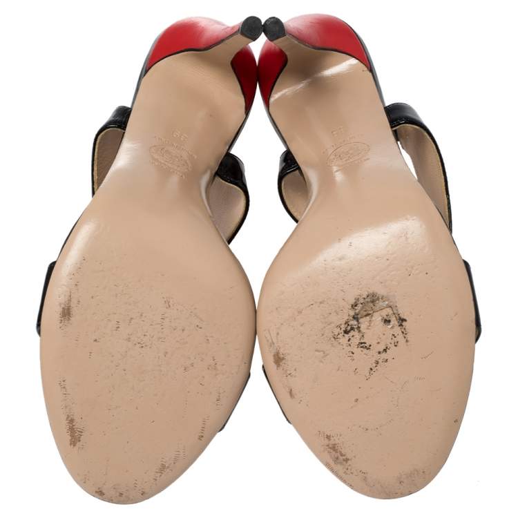 Pre Owned Versace Black/Red Patent Leather And Leather Slingback Sandals Size 39