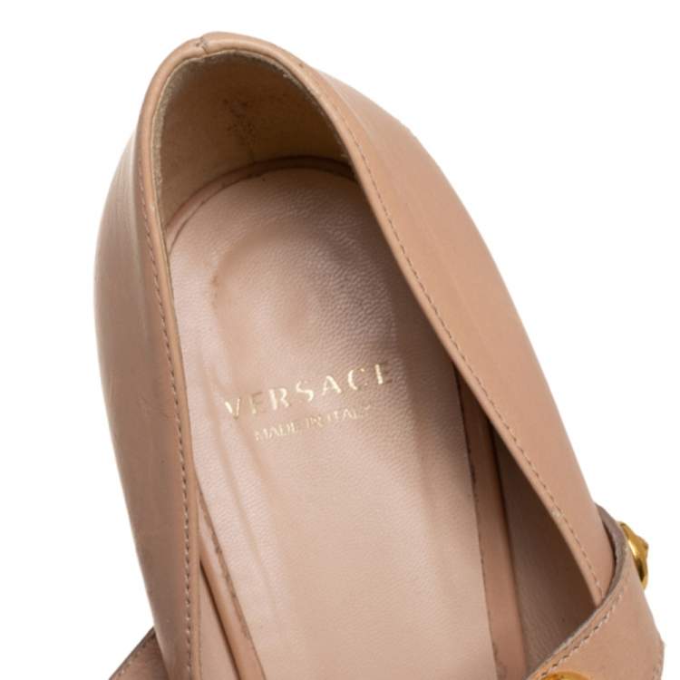 Pre Owned Versace Beige Leather Medusa Embellished Mary Jane Pumps Size 37