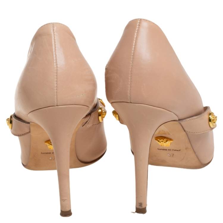 Pre Owned Versace Beige Leather Medusa Embellished Mary Jane Pumps Size 37