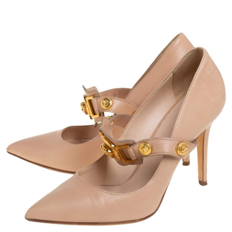Pre Owned Versace Beige Leather Medusa Embellished Mary Jane Pumps Size 37