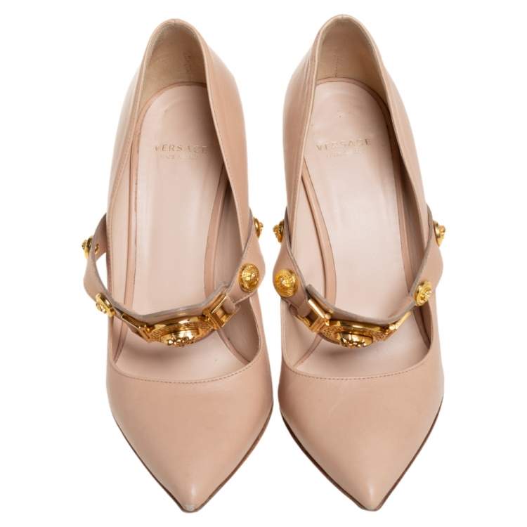 Pre Owned Versace Beige Leather Medusa Embellished Mary Jane Pumps Size 37