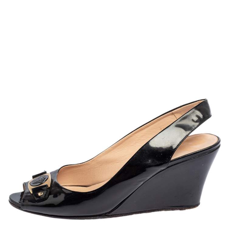 Pre Owned Versace Black Patent Leather Wedge Sandals Size 39