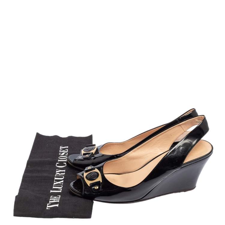 Pre Owned Versace Black Patent Leather Wedge Sandals Size 39