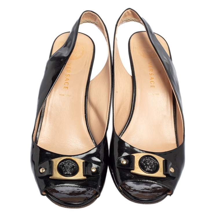Pre Owned Versace Black Patent Leather Wedge Sandals Size 39