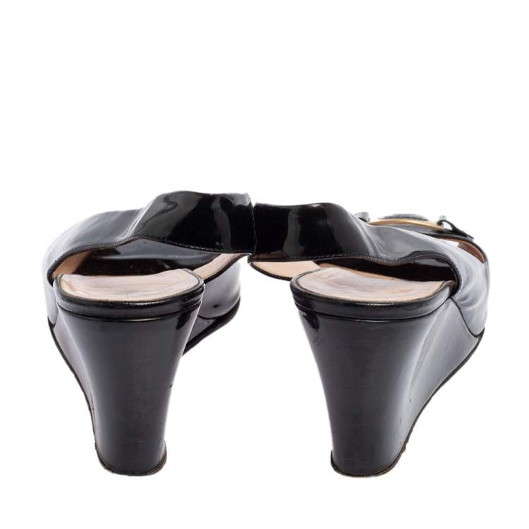 Pre Owned Versace Black Patent Leather Wedge Sandals Size 39