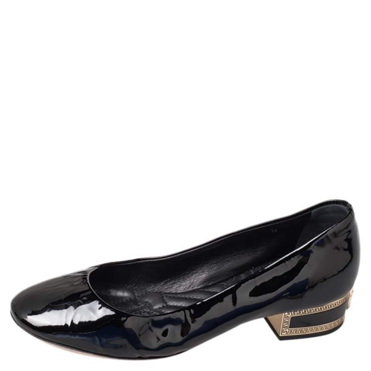Pre Owned Versace Black Patent Leather Medusa Embellished Block Heel Pumps Size 36