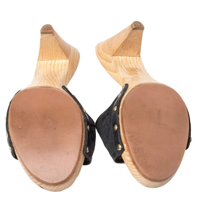 Pre Owned Versace Black Fabric And Leather Clog Slide Sandals Size 39