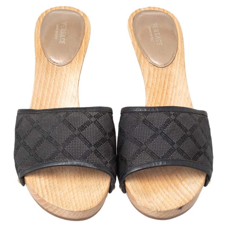 Pre Owned Versace Black Fabric And Leather Clog Slide Sandals Size 39