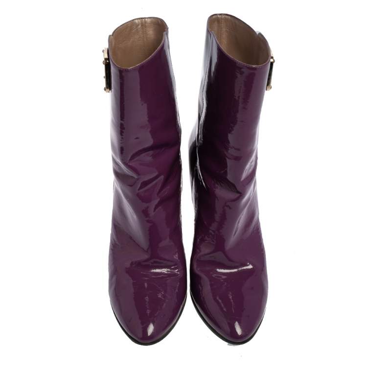 Pre Owned Versace Purple Patent Leather Medusa Ankle Boots Size 38.5
