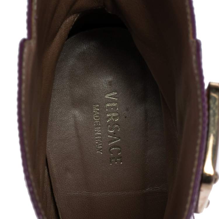 Pre Owned Versace Purple Patent Leather Medusa Ankle Boots Size 38.5