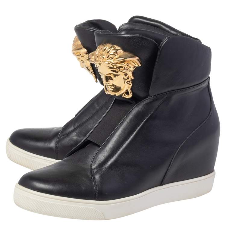 Pre Owned Versace Black Leather Palazzo Medusa Wedge High Top Sneakers Size 39