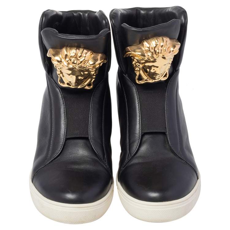 Pre Owned Versace Black Leather Palazzo Medusa Wedge High Top Sneakers Size 39