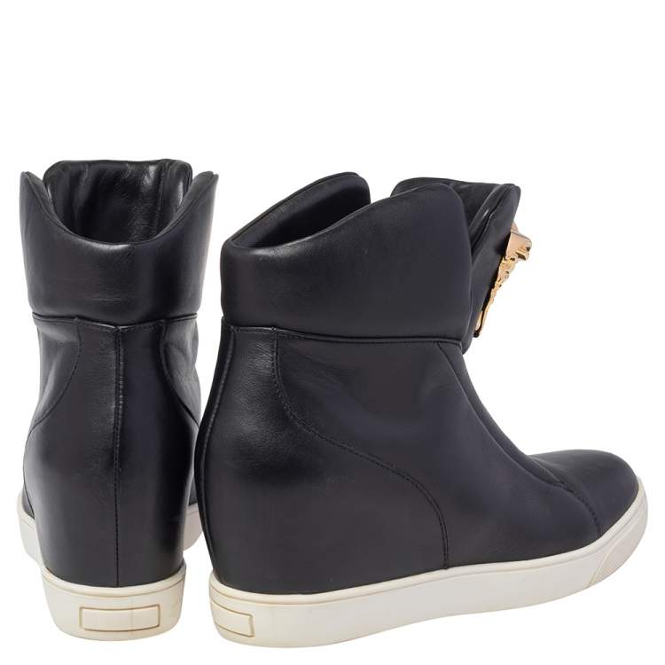 Pre Owned Versace Black Leather Palazzo Medusa Wedge High Top Sneakers Size 39